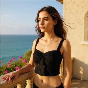 Bongo Black Lace Cropped Tank Top – Sweetheart Neckline, Wide Straps, Stretch L